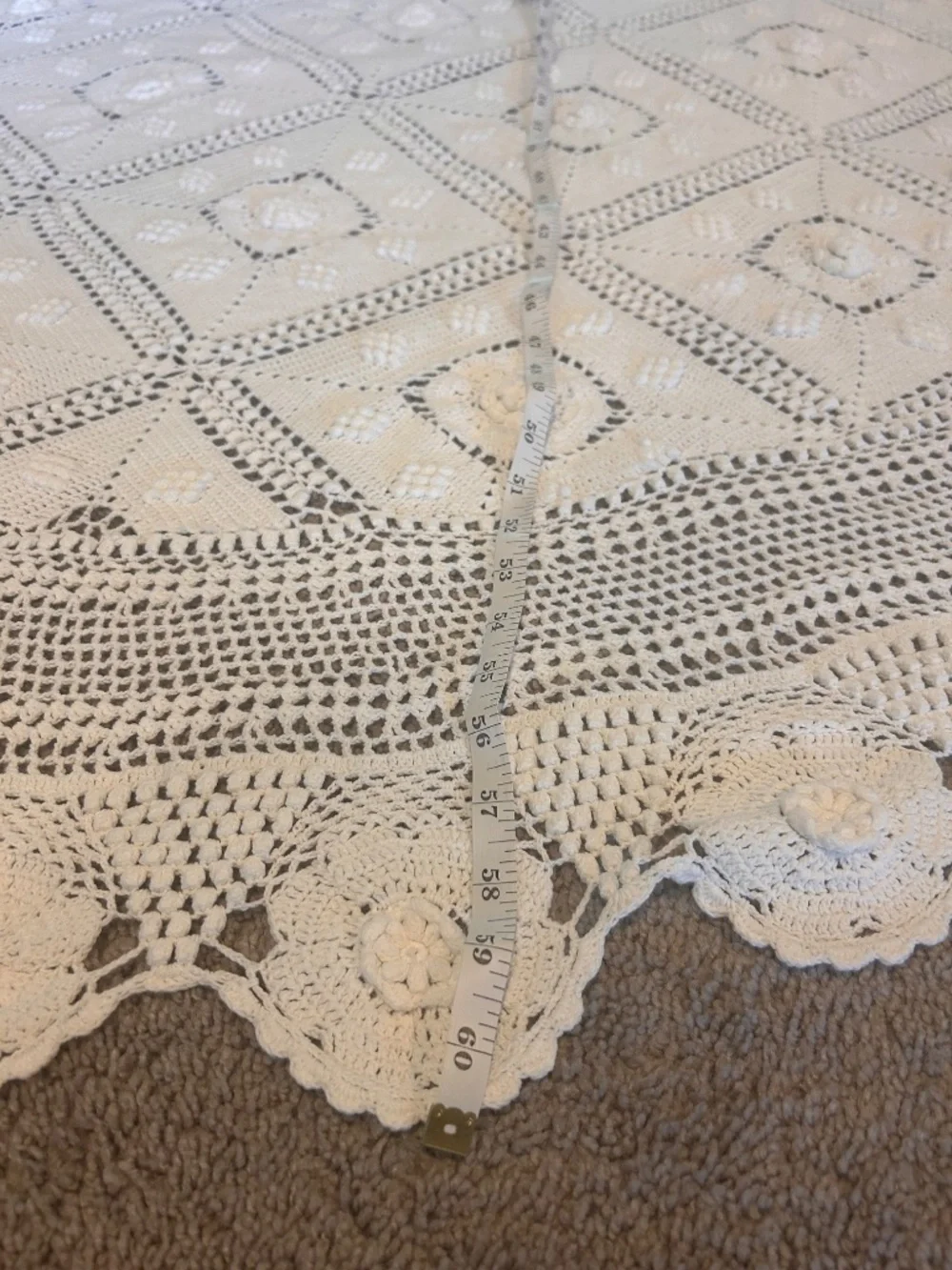 Beautiful Vintage Hand Crocheted Round Cream Tablecloth